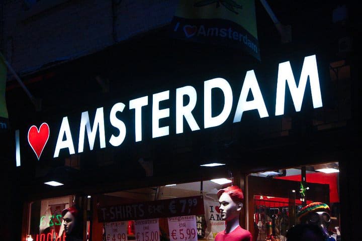 I heart Amsterdam sign on a building.