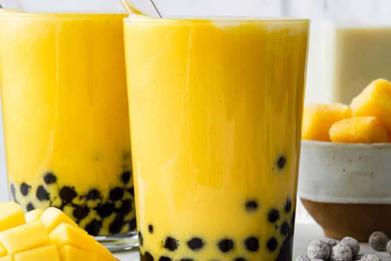 Homemade mango bubble tea vegan drinks.