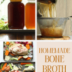 Homemade bone broth: chicken or beef, vegetables roasting on a sheet pan, and broth being poured over fine mesh strainer into bowl.
