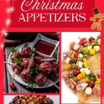Christmas appetizers: warm brie with jam, pomegranate goat cheese crostinis, charcuterie wreath, cranberry serrano glazed meatballs.