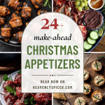 Make ahead christmas appetizers: bacon wrapped dates, soufle cups, cranberry meatballs, mediterranean charcuterie board.