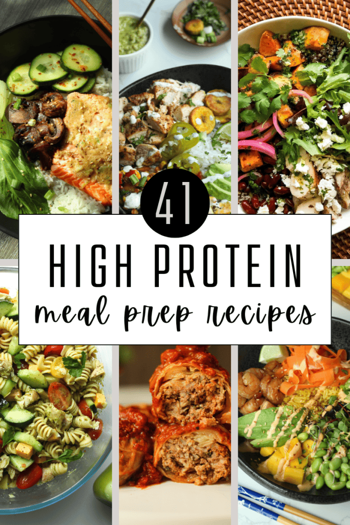 41 meal prep recipes high protein - shrimp poke bowl, high protein pasta salad, stuffed cabbage rolls, miso butter salmon, etc.