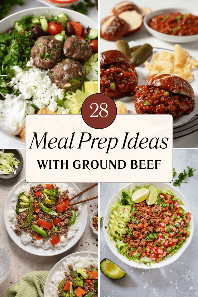 28 meal prep ideas with ground beef: rice bowls with veggies, sloppy joes, meatballs, and more.